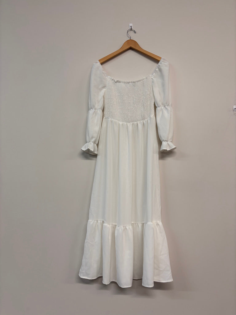 Smocked Off-Shoulder Maternity Photo Dress – Size Small, White