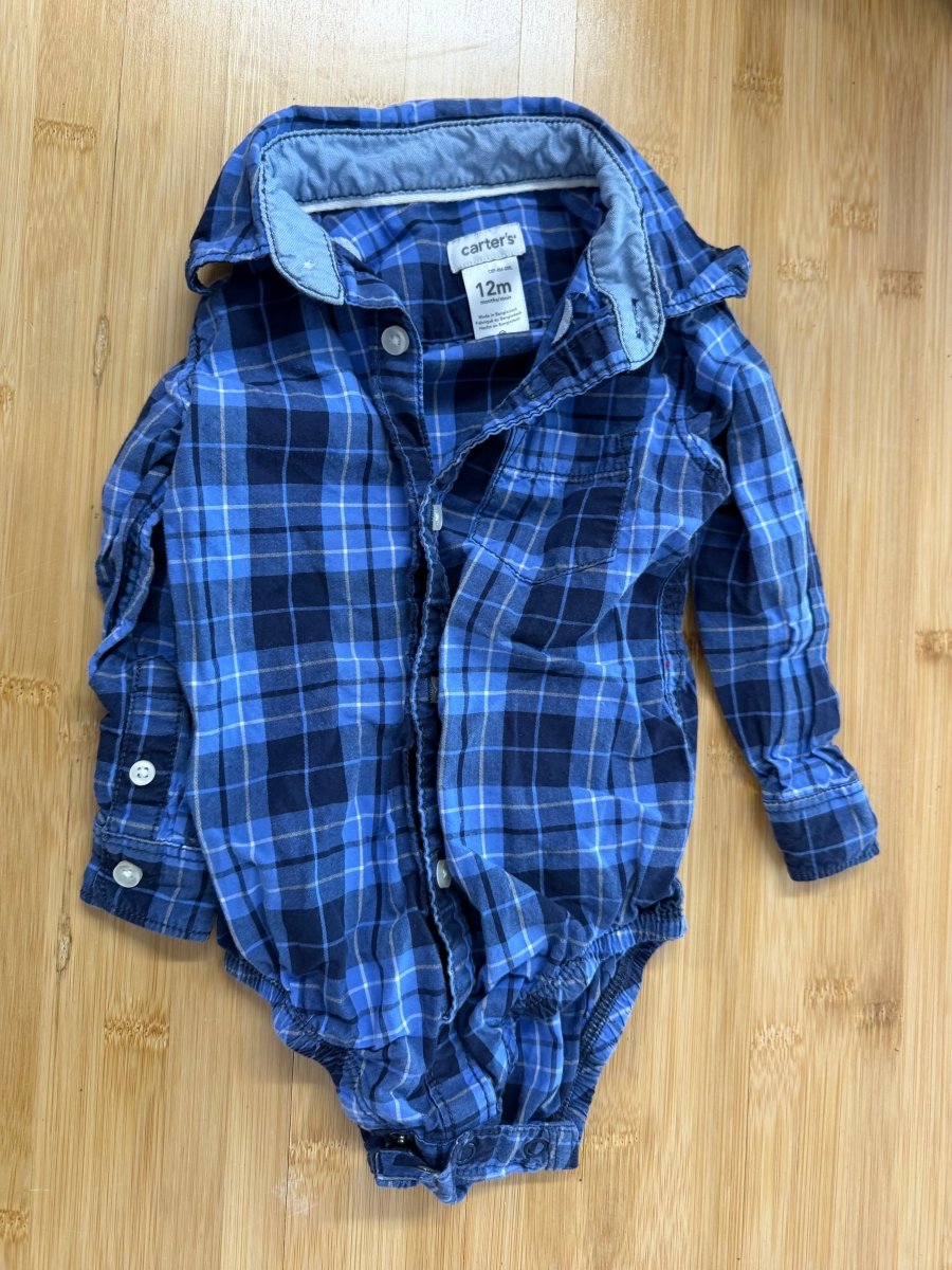 Carter's Blue Plaid Button-Down Bodysuit – 12M | Long Sleeve Collar - Nest and Sprout-Consignment