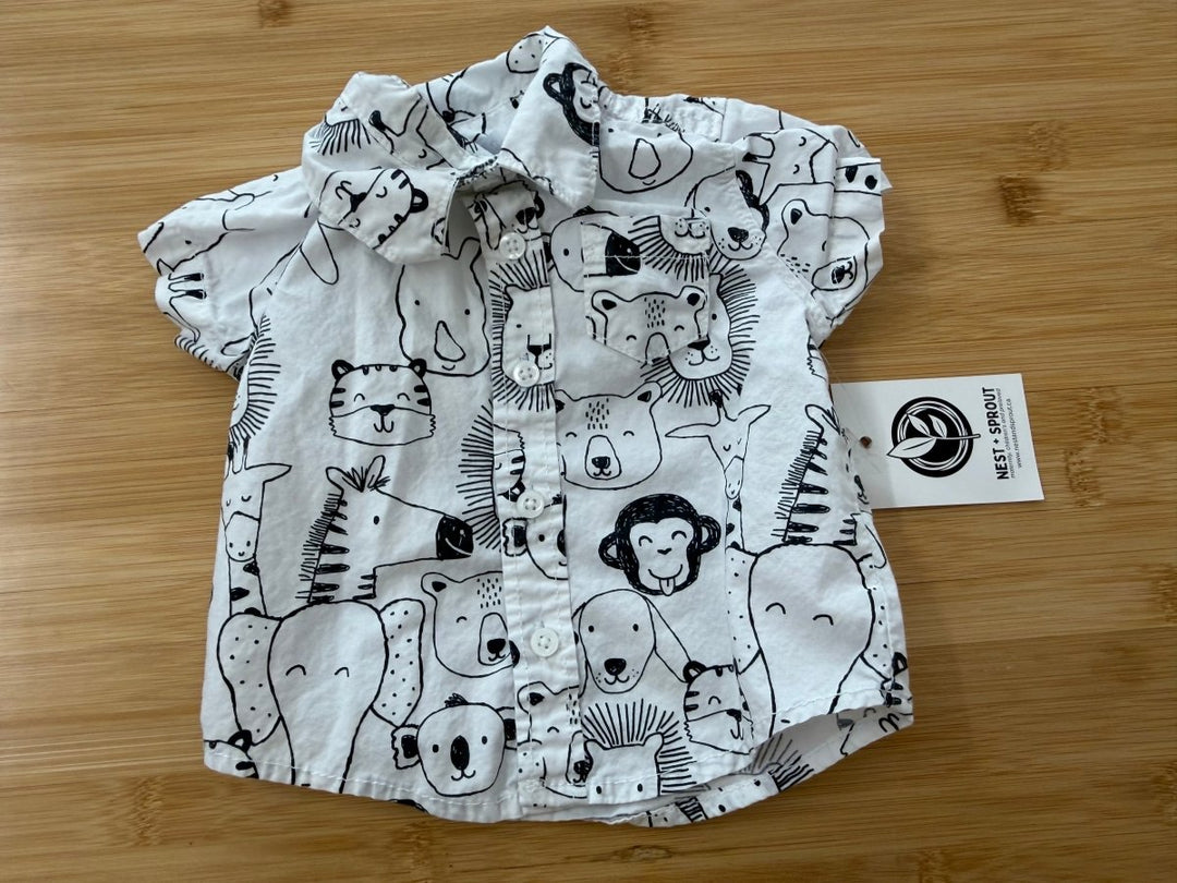 Carter's Zoo Animal Button-Up Shirt – 3M | White Black & White Outline Print - Nest and Sprout-Consignment