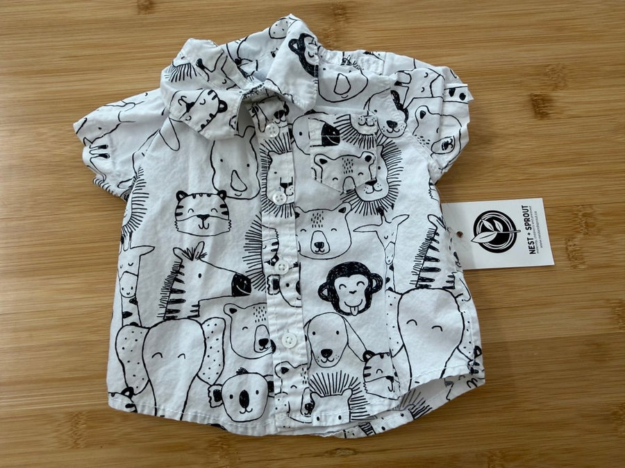 Carter's Zoo Animal Button-Up Shirt – 3M | White Black & White Outline Print - Nest and Sprout-Consignment