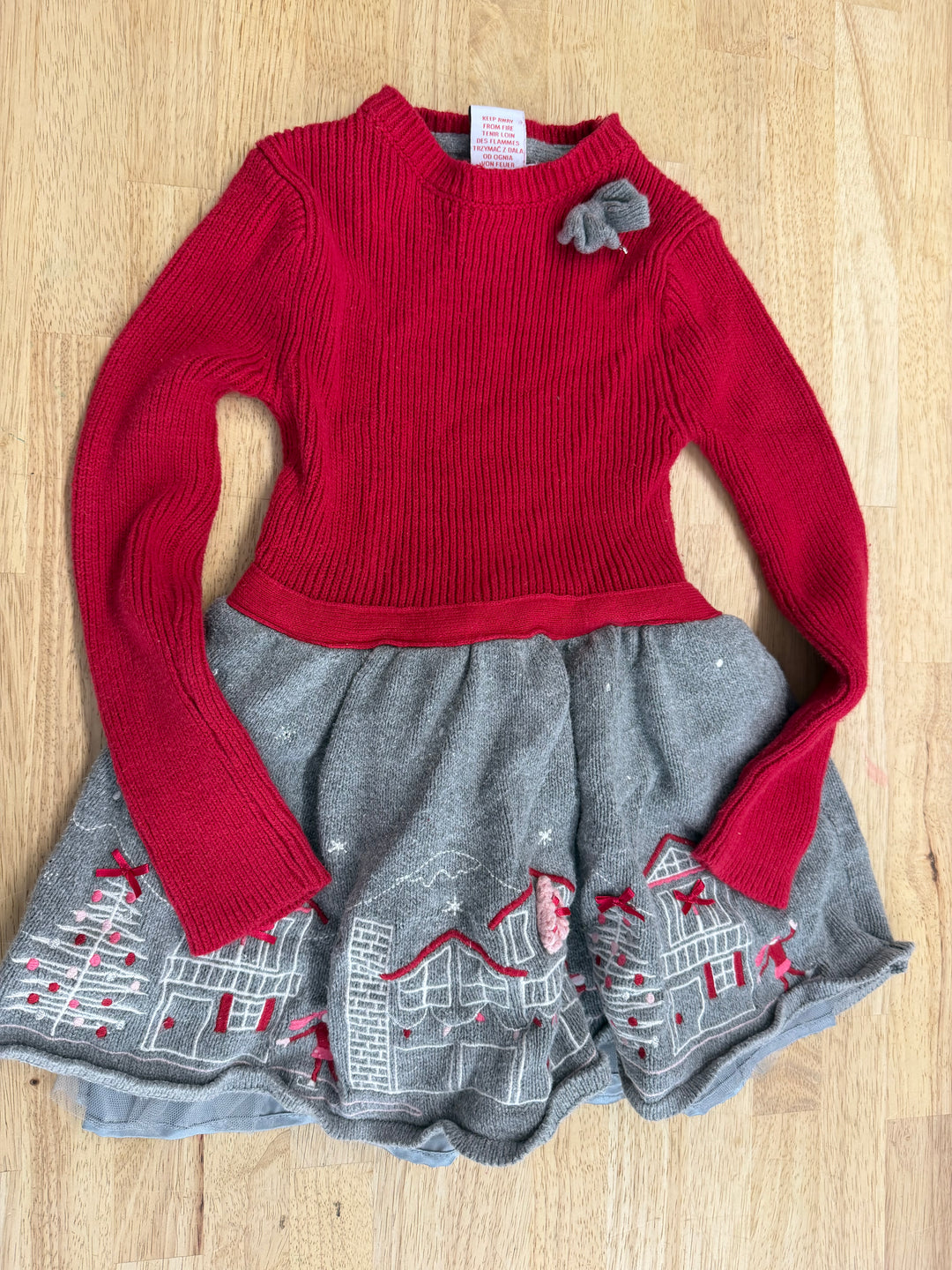 Miss Mona Mouse Knit Dress – 3T | Red & Grey Skating Scene Embroidered Twirl Long Sleeve | Play