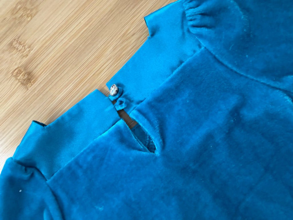 Please Mum Velour Dress – 6M | Blue Satin Trim Sequin Décor Long Sleeve - Nest and Sprout-Consignment