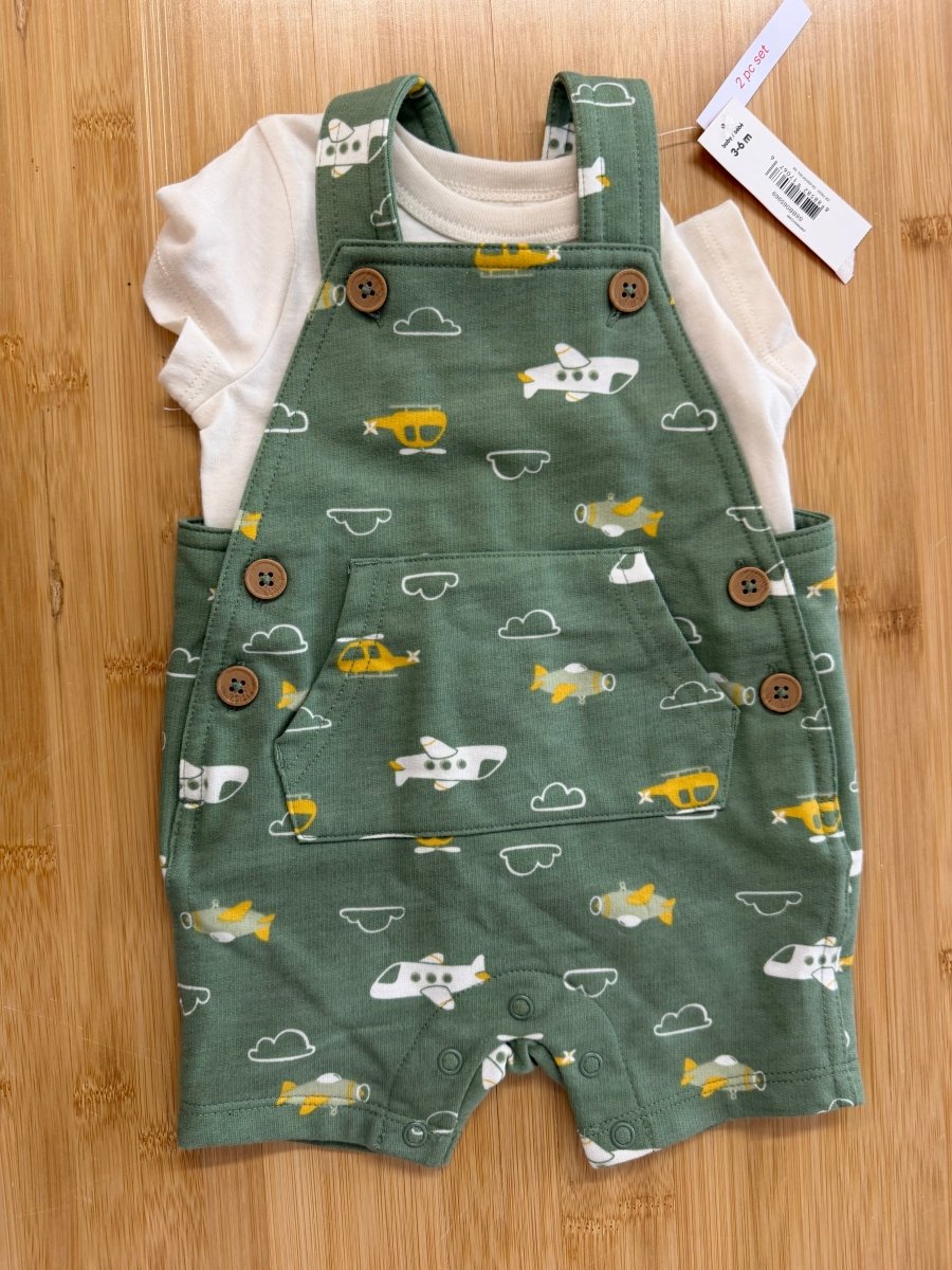 Joe Fresh Two-Piece Set – 3–6M | Grey Airplane Short Overalls | NWT