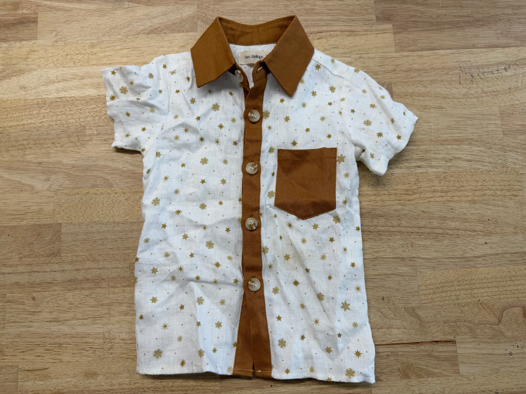 Two Darlings Button-Up Shirt Caramel Cream Print | Size 3Y