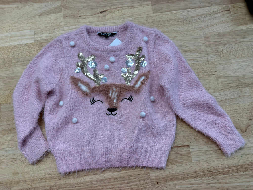 George Reindeer Knit Sweater – XS (4) | Pink Sequin Antlers | Holiday