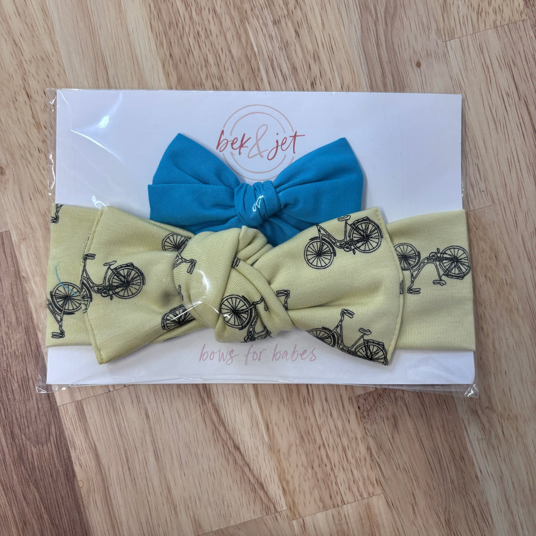 Bek & Jet, Yellow Bikes Baby Headband with Blue Snap Bow