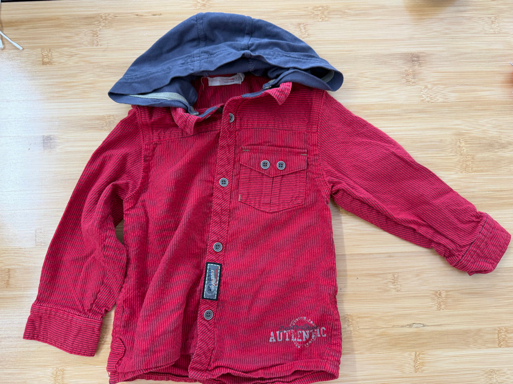 Deux par Deux Striped Hooded Button-Up Shirt – 2 | Red Stripe