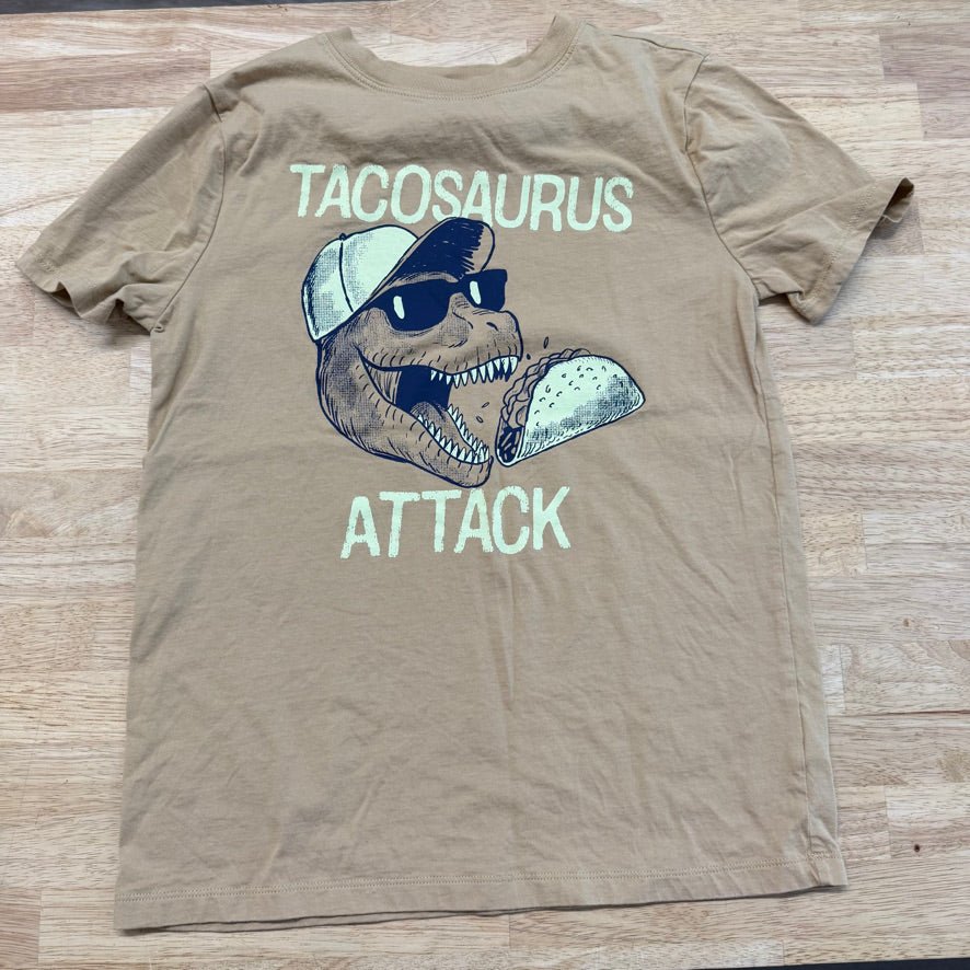 OshKosh Graphic T-Shirt – L (10/12) | Beige Tacosaurus Attack - Nest and Sprout-Consignment