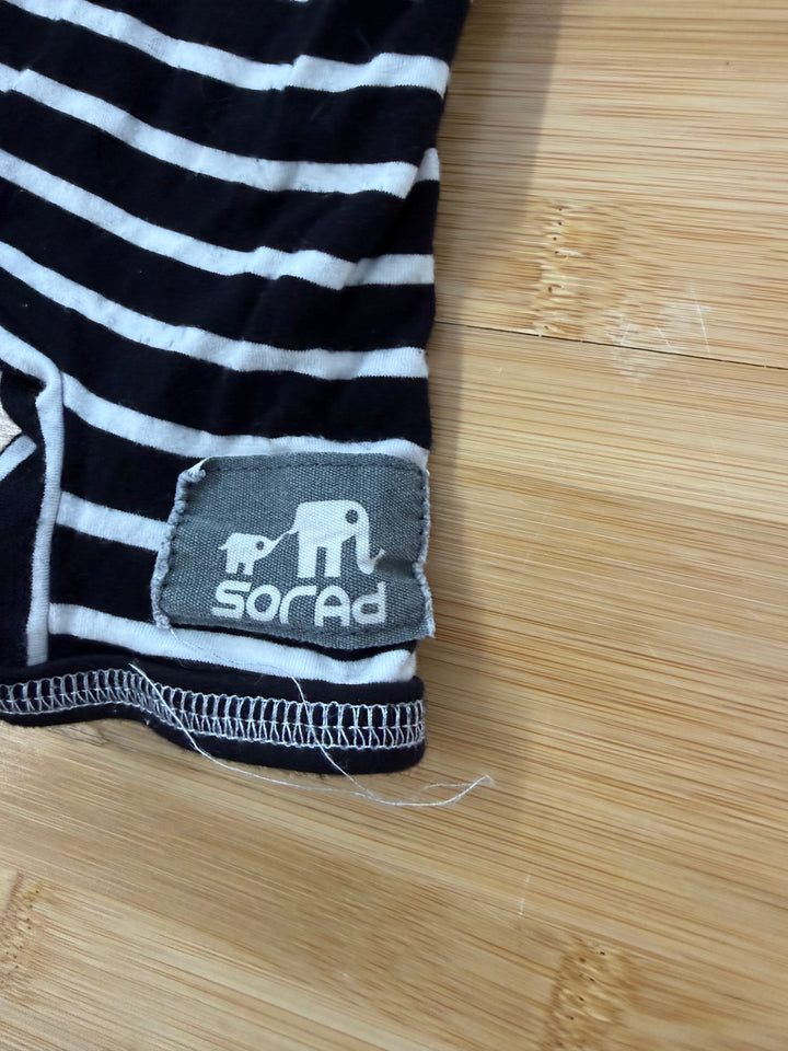 Sorad Bamboo Short Romper – 6–12M | Black & White Stripe Crosscross Front Pull-Down Back