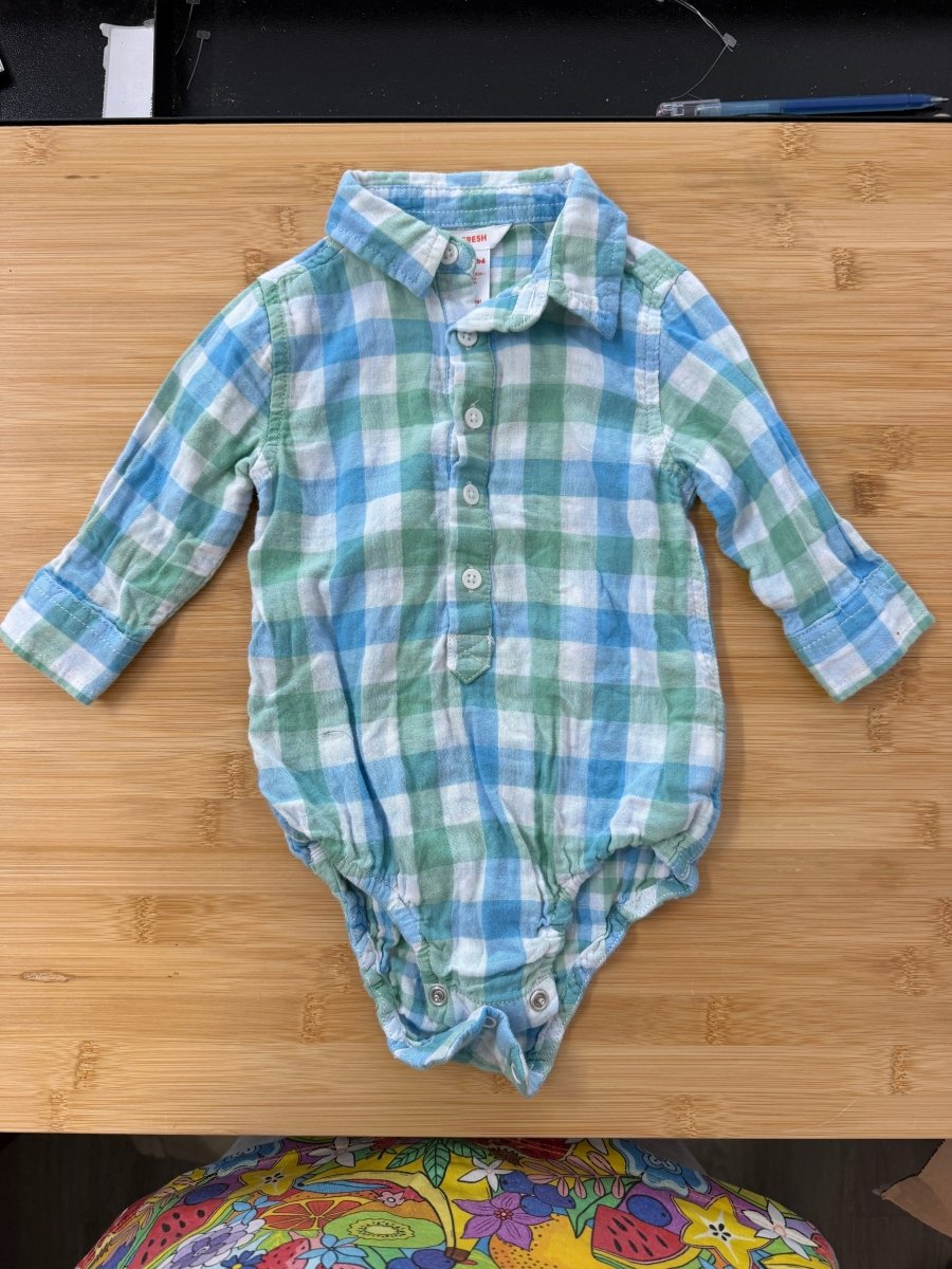 Joe Fresh Plaid Button-Up Shirt – 3–6M | Blue & Green 100% Cotton - Nest and Sprout-Consignment