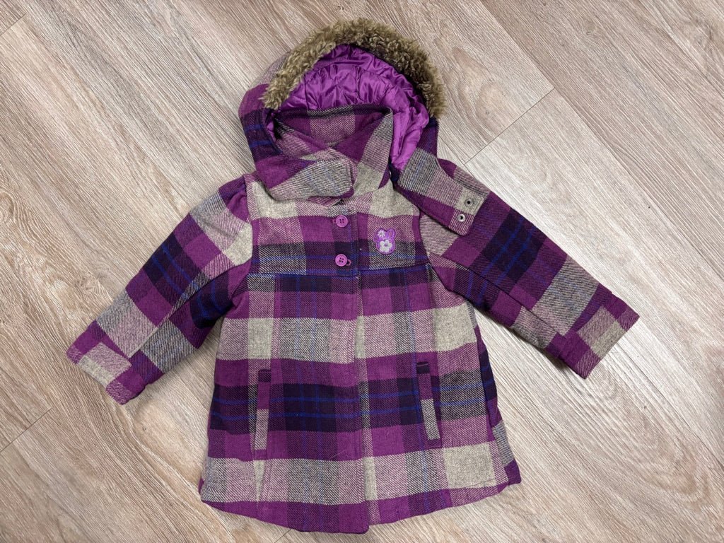 Mexx Wool Blend Jacket – Size 18–24 Months – Purple Plaid with Hood - Nest and Sprout-Consignment