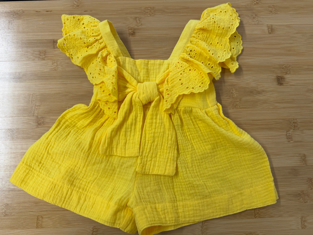Iris & Ivy Ruffle Cap Sleeve Short romper – 2T | Sunshine Yellow Muslin Lightweight Like New