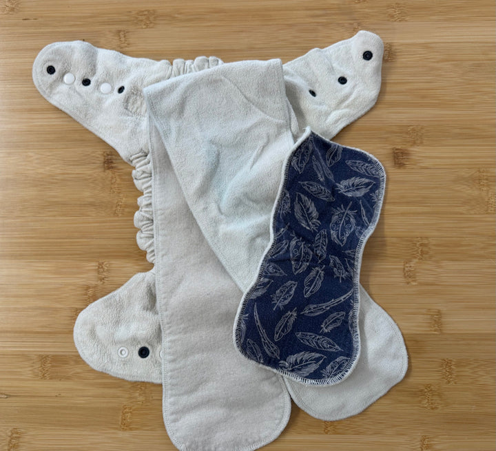 TC Tooshies Fitted Diaper with Snap-In Booster Insert – One Size | Navy Feather Print Long