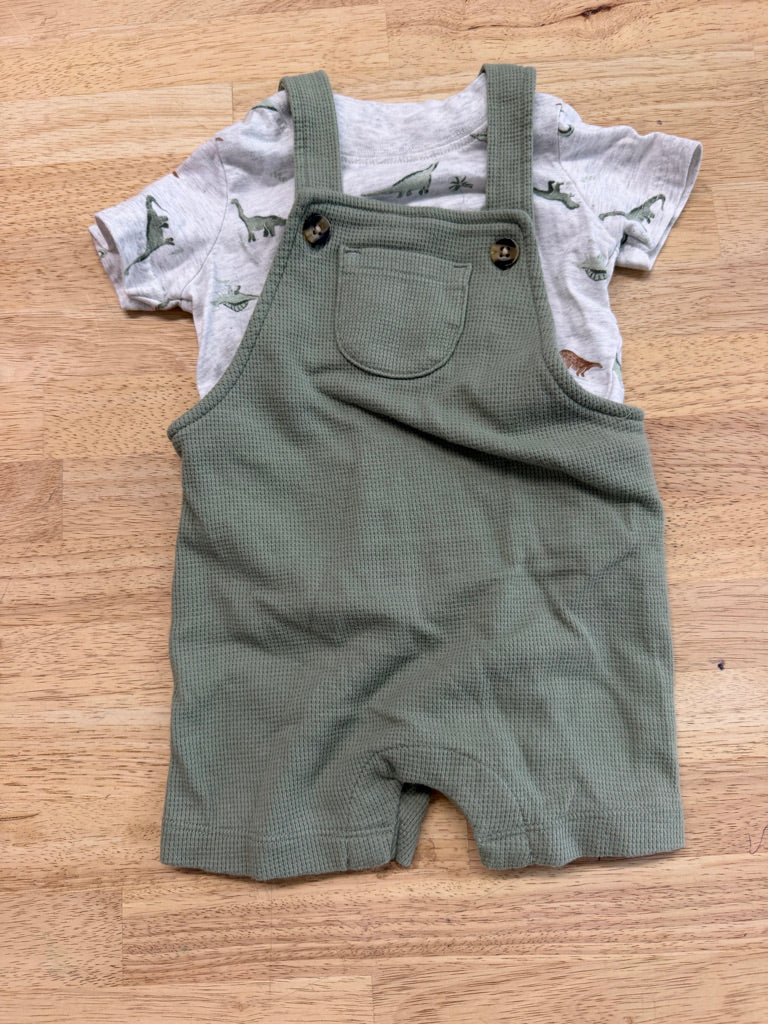 Carter's Waffle Sage Green Overalls & Dinosaur Shirt – 3–6M