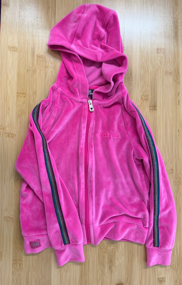 Skechers Velour Zip-Up Hoodie – 6 | Rainbow Stripe Sleeves - Nest and Sprout-Consignment