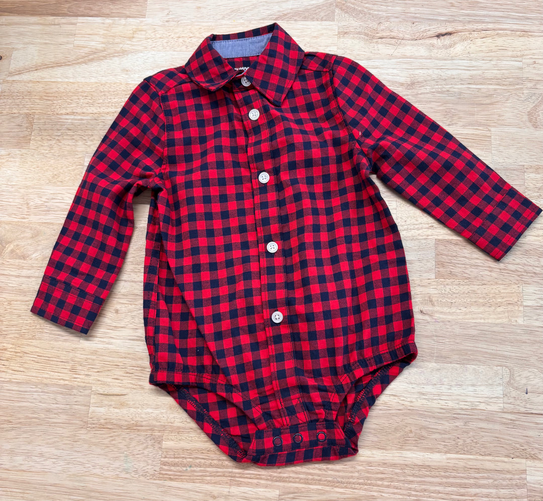 OshKosh 12 Month Navy and Red Plaid Button-up Bodysuit