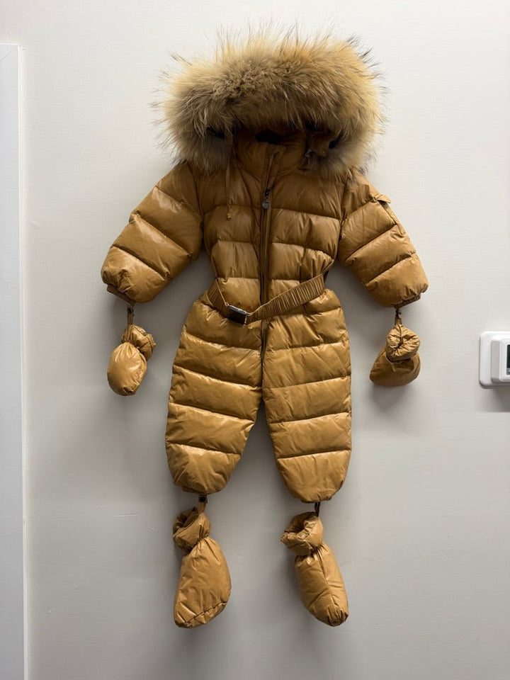 Mi Loves Down-Filled Snowsuit – XL, 18-24M | Beige Real Fur Hood - Nest and Sprout-Consignment