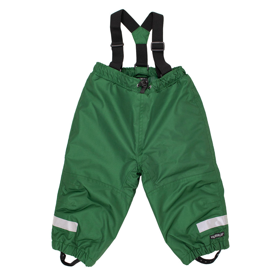 Green snow pants front view with toggle waist, adjustable suspenders, and high vis patches for kids