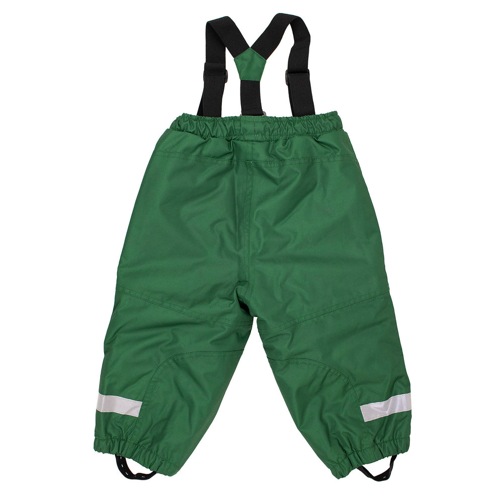 Back view of green snow pants with suspdenders, reinforcement on teh bum, and hi vis patches