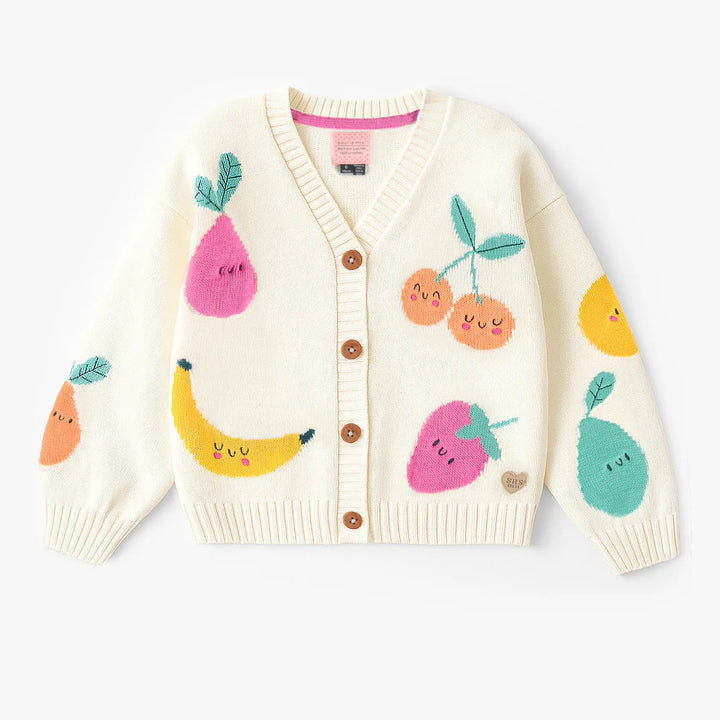 Souris Mini Cream Knit Cardigan with Fruit Print