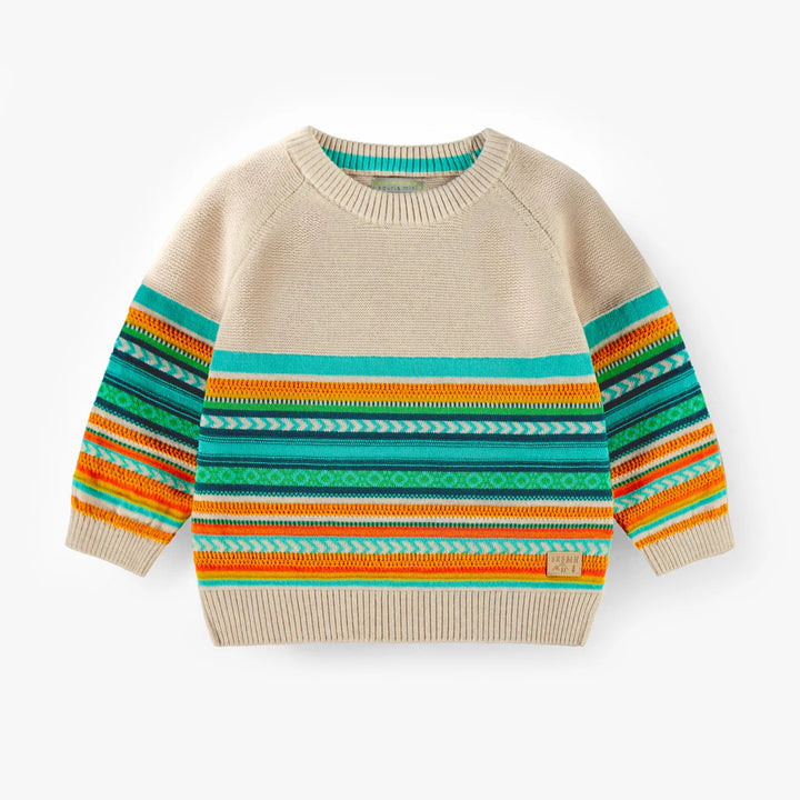 Souris Mini Beige Knit Sweater with Colourful Stripes