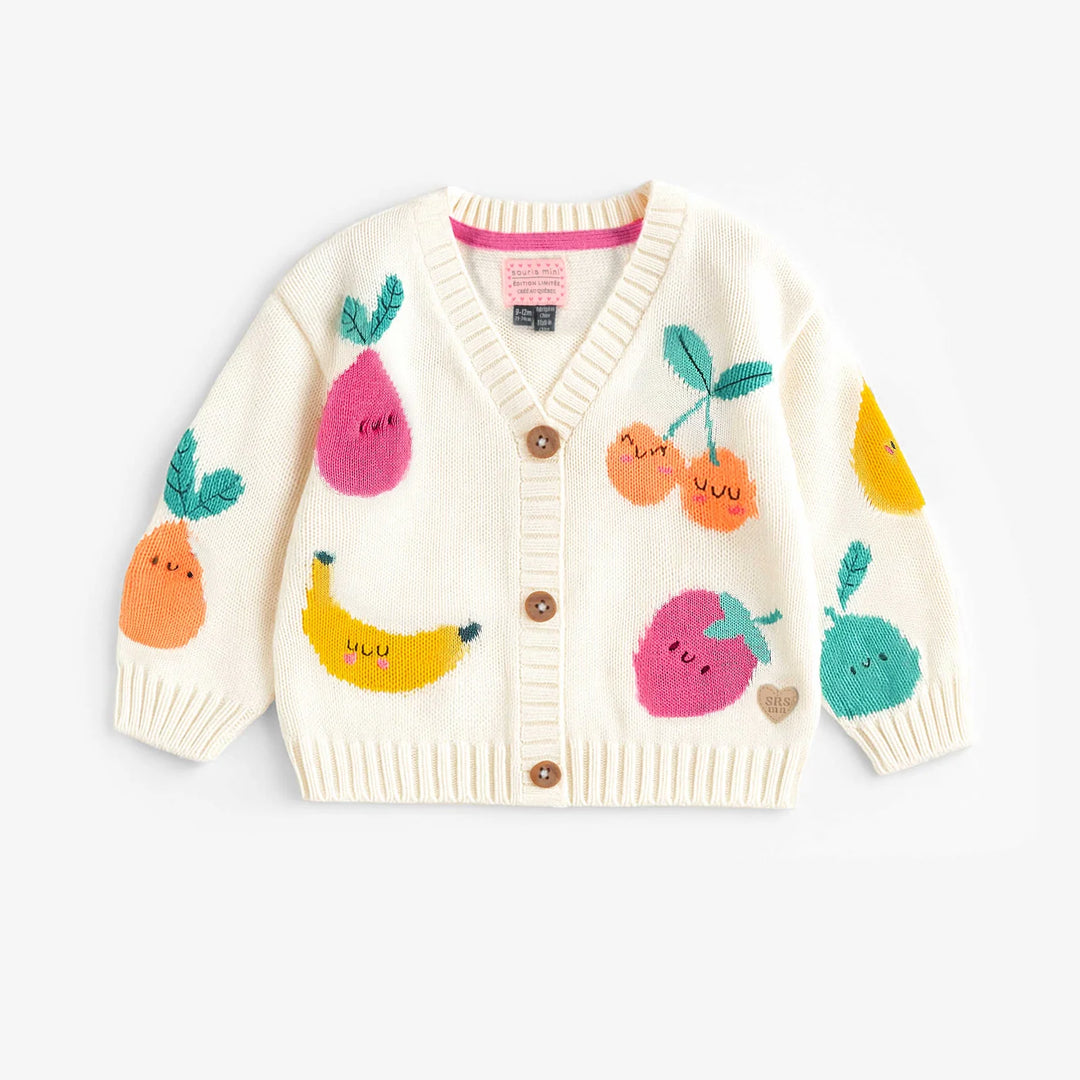 Souris Mini Cream Knit Cardigan with Fruit Print