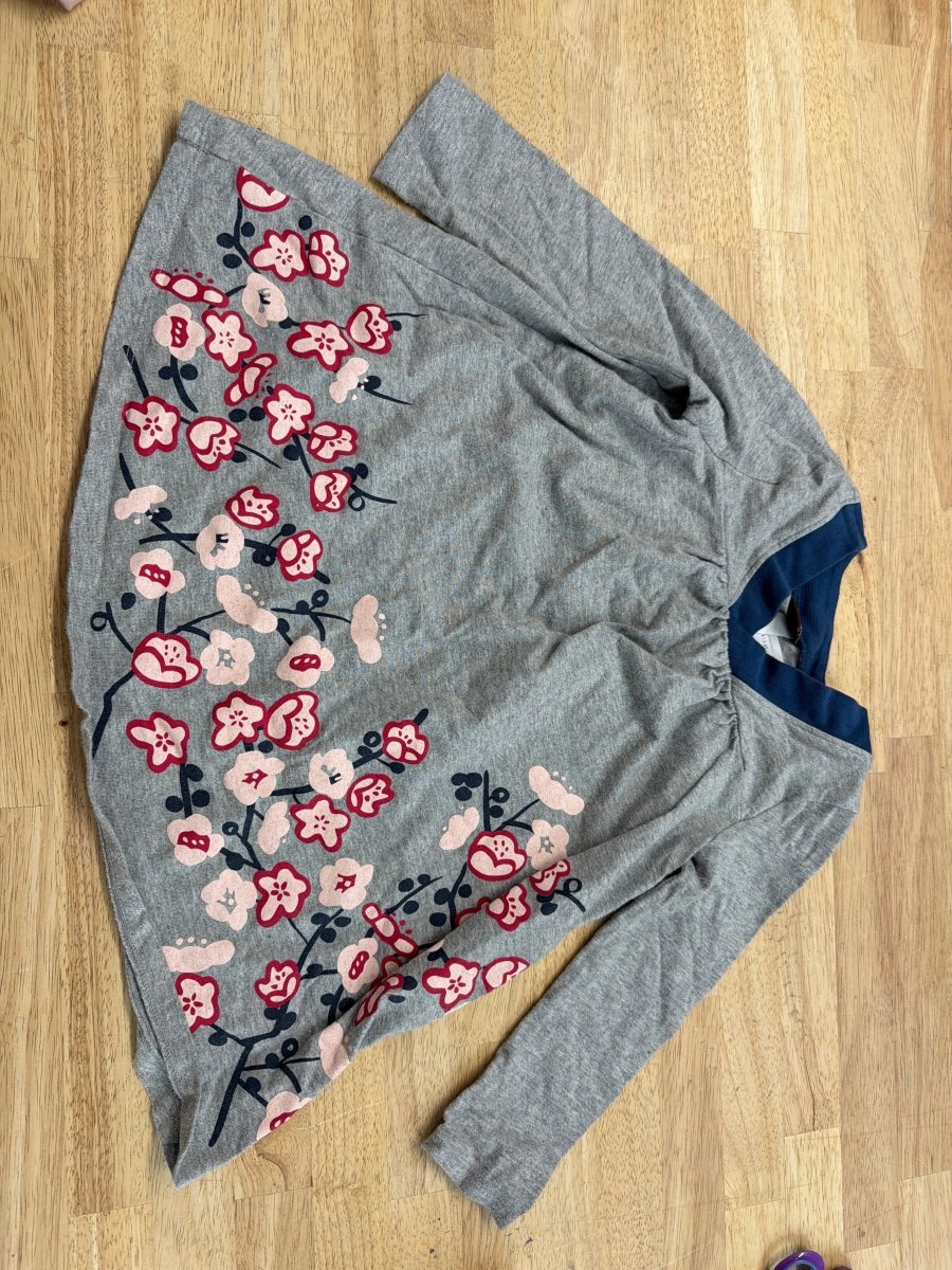 Tea Collection Dress – 3 | Grey Floral Hemline Wrap Collar - Nest and Sprout-Consignment