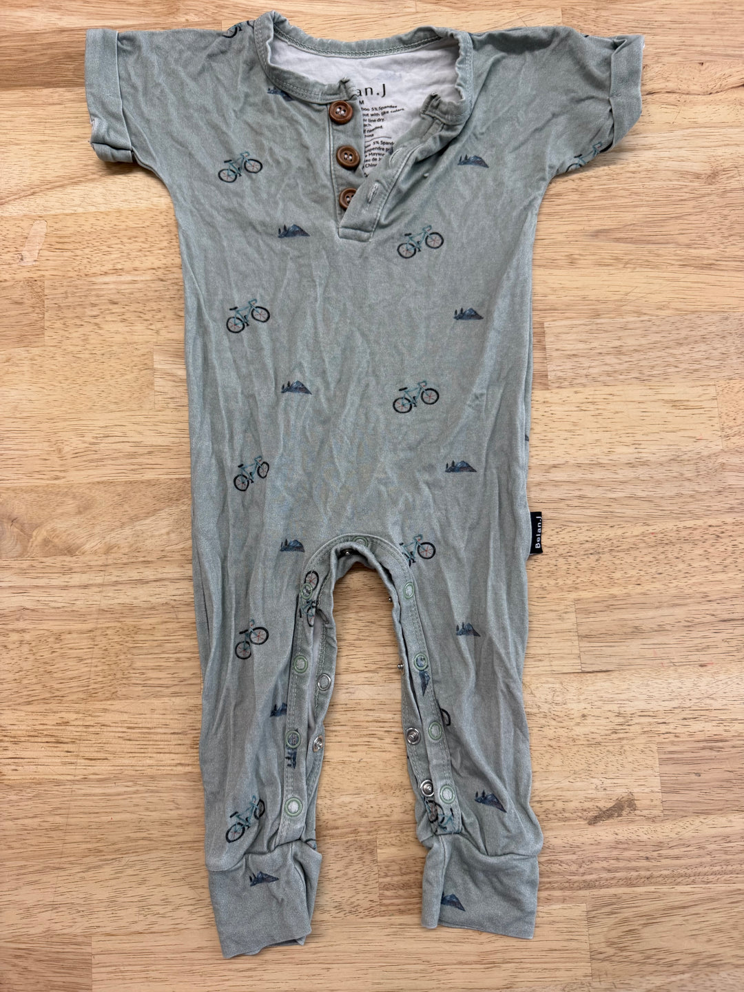 Belan J Bicycle Print Romper – 3–6M | Stone Green Short Sleeve Button