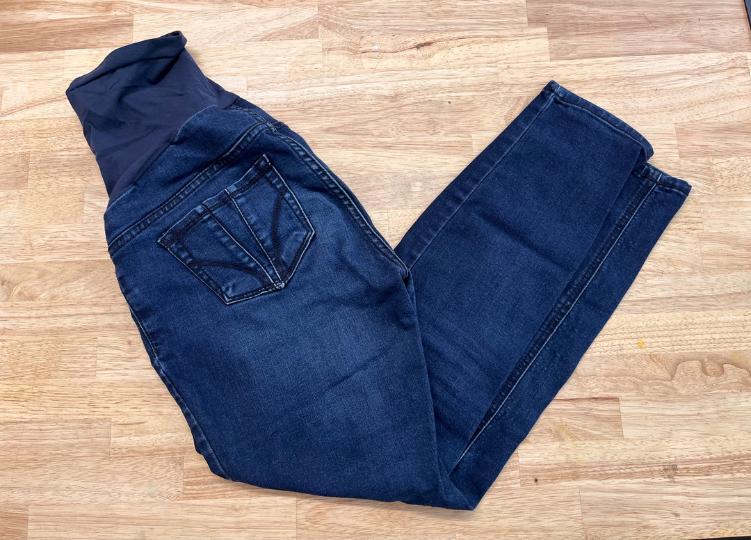 Indigo Blue S Maternity Jeans – Dark Wash Pleated Pocket