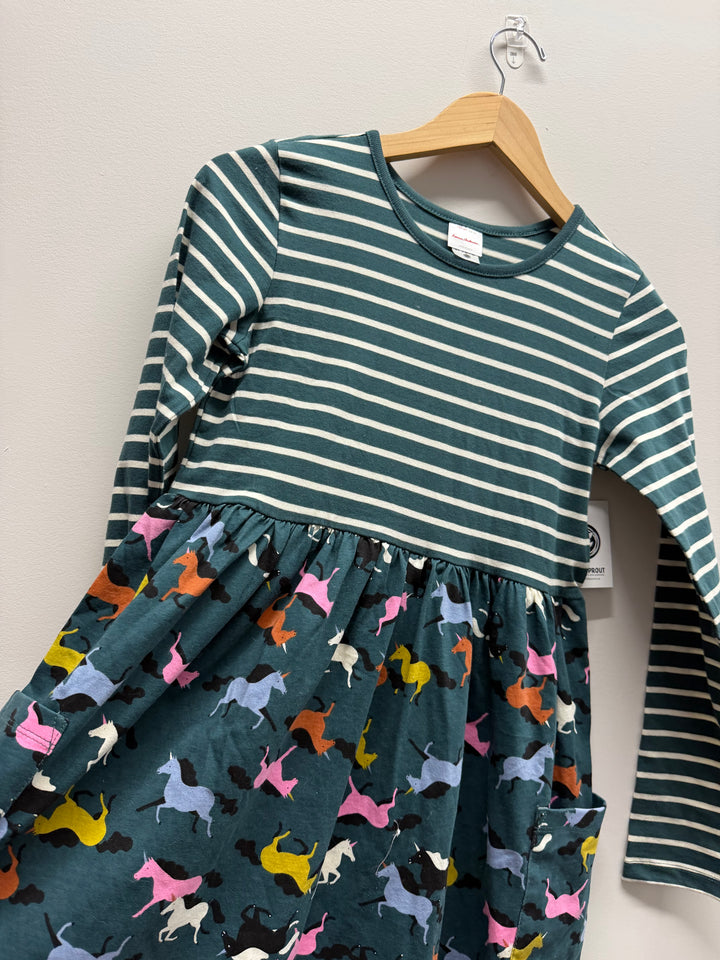 Hanna Andersson Horse Print Dress – 12 (150cm) | Green Striped Bodice Like New