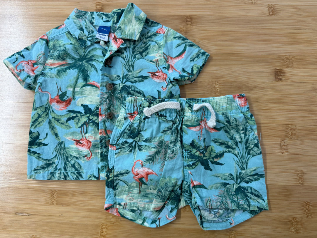 Old Navy Two-Piece Set – 0–3M | Tropical Flamingo Shorts & Button-Up Shirt Summer Vibes