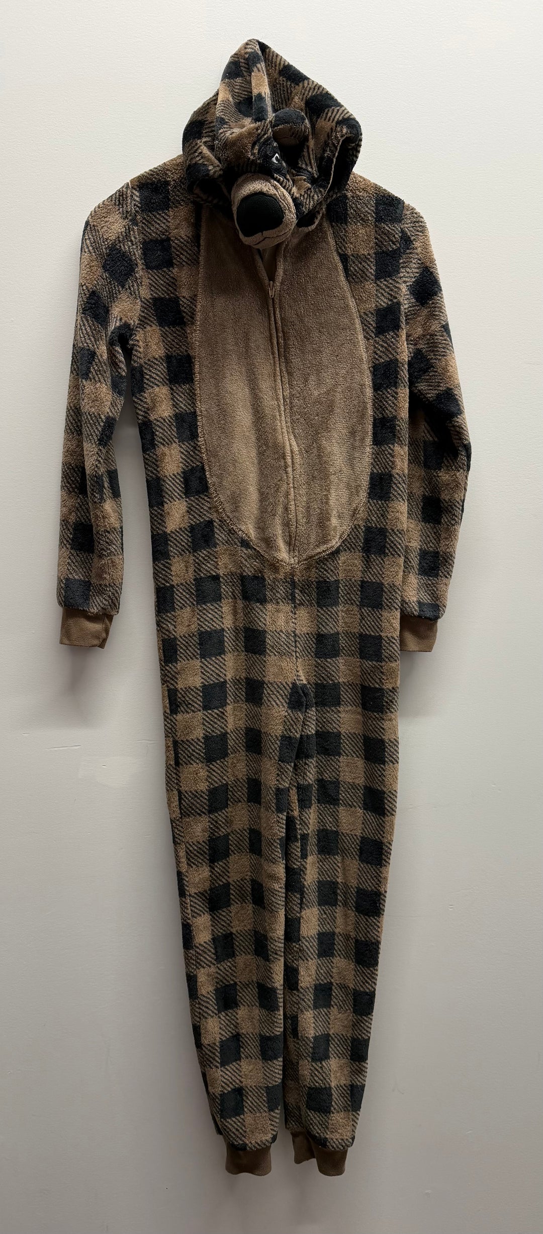 George Fleece Hooded Footless Romper – XL (14–16) | Black & Brown One-Piece