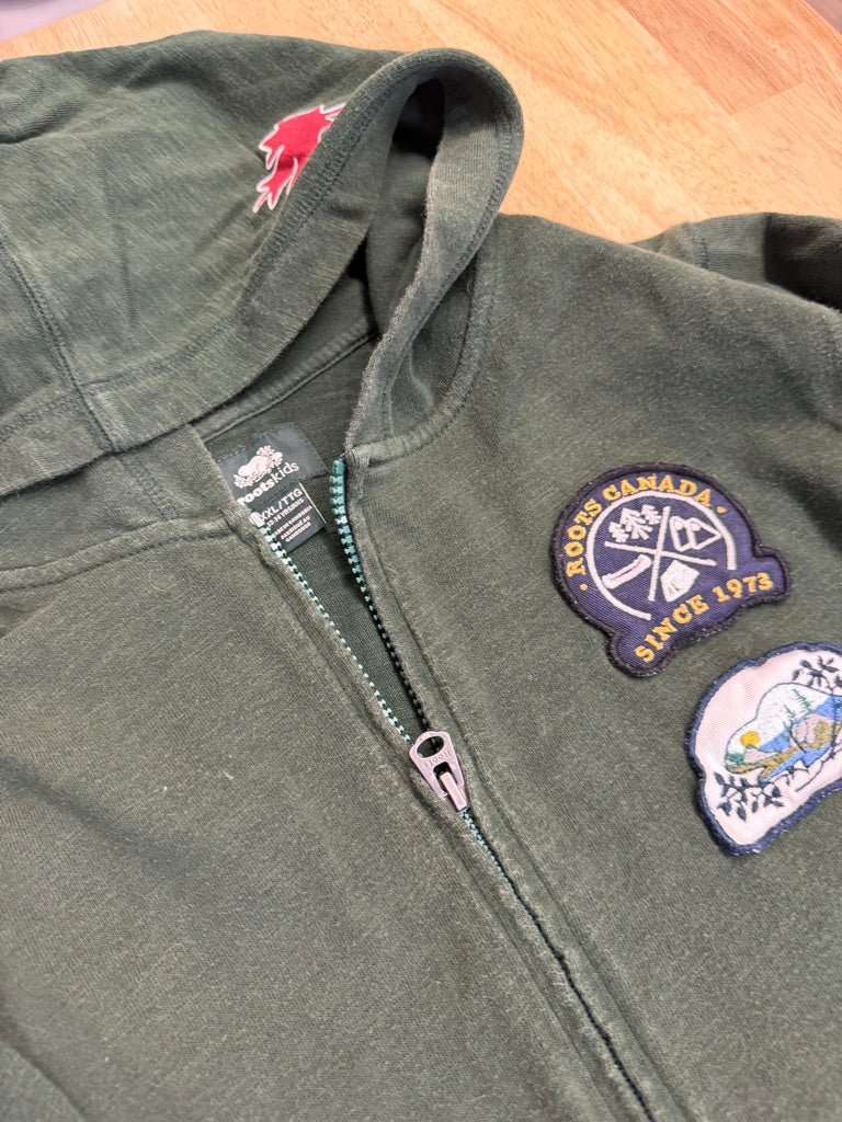 Roots Kids Zip-Up Hoodie – XXL (13–14Y) | Forest Green with Patches | Play - Nest and Sprout-Consignment