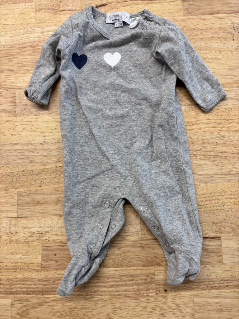 Gingerlily Footed Playsuit – Grey Hearts newborn