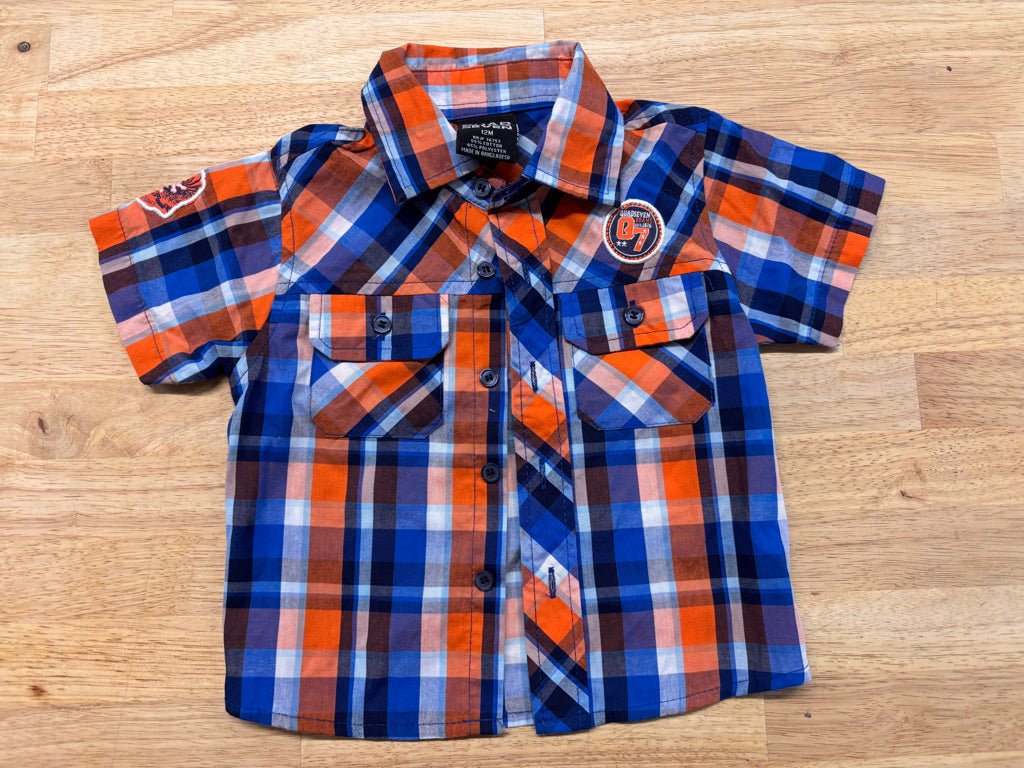 Quad Seven Plaid Button - Up Shirt – 12M Blue & Orange - Nest and Sprout - Consignment