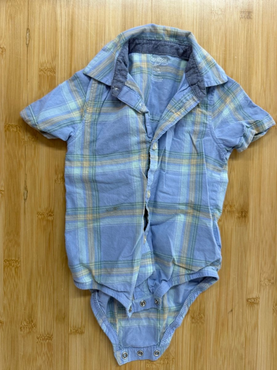 OshKosh Bodysuit – 12 Months | Light Blue Plaid | Summer Style | Button-Up - Nest and Sprout-Consignment