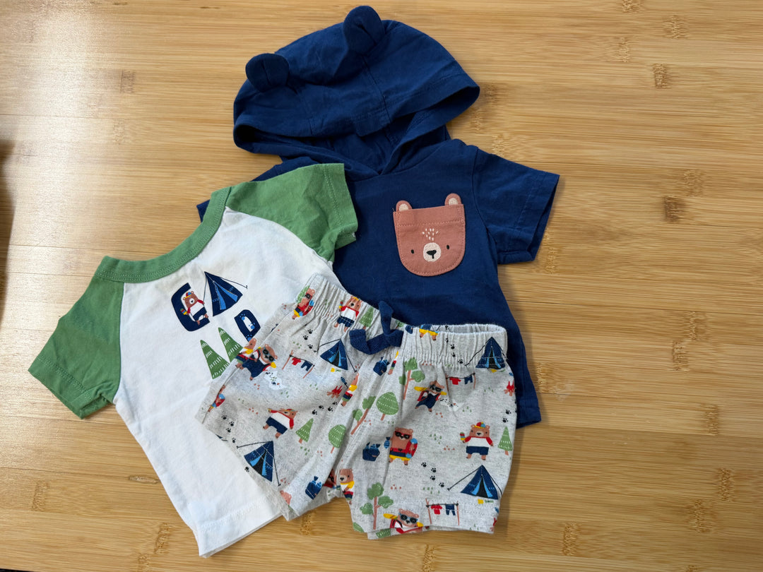 Bundles Three-Piece Set – 0–3M | Bear Print Shorts & Two Shirts Navy Camping Scene