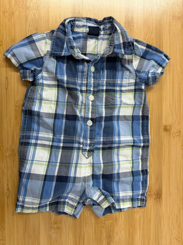 Gap Blue Plaid Shortalls – 3–6M | Button-Down Collar One-Piece - Nest and Sprout-Consignment