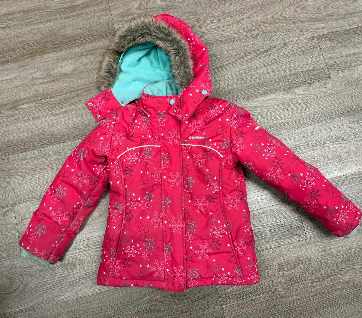 OshKosh Winter Jacket – 7 | Pink Snowflake Print | Snow Skirt - Nest and Sprout-Consignment
