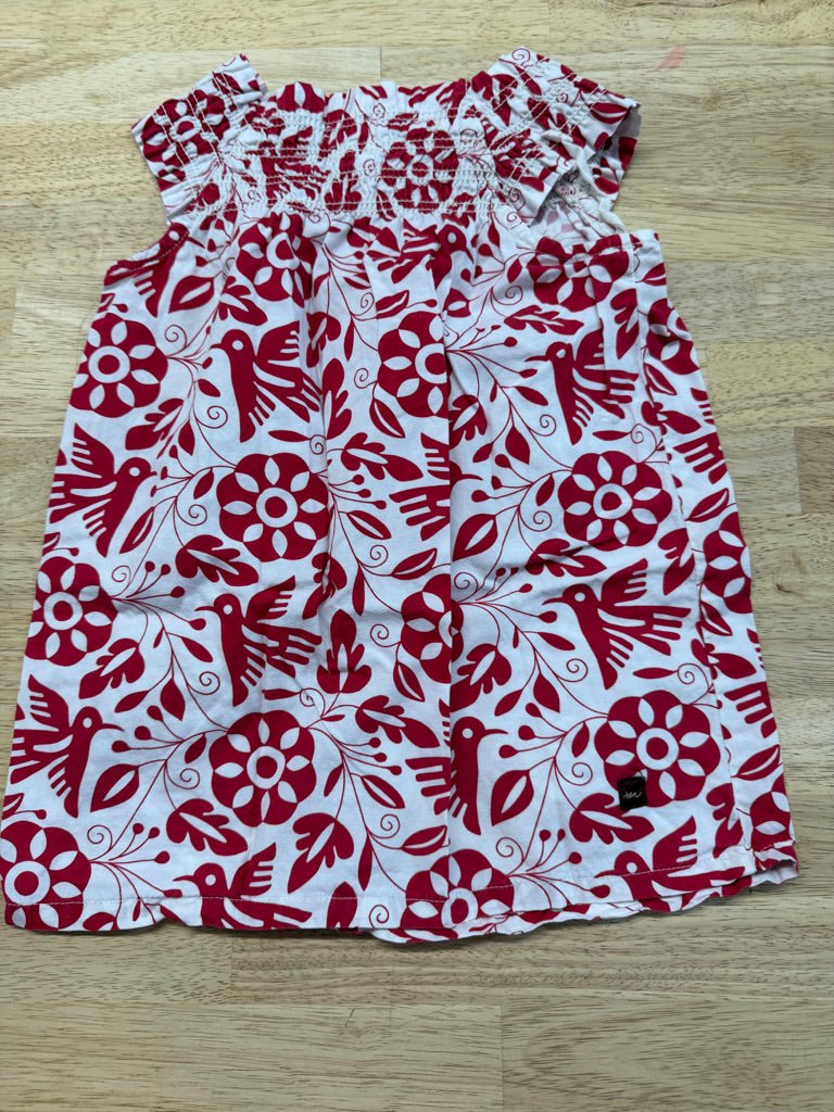 Tea Collection Red & White Floral Bird Smocked Top – 12–18M | Square Neckline - Nest and Sprout-Consignment