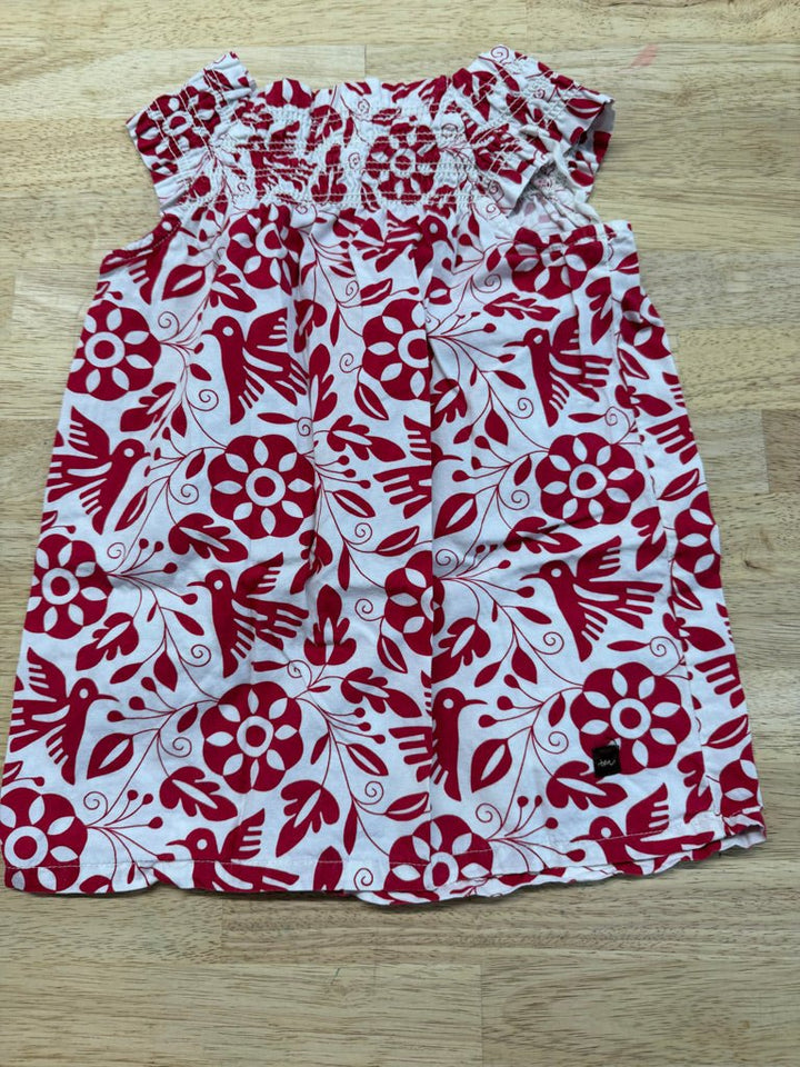 Tea Collection Red & White Floral Bird Smocked Top – 12–18M | Square Neckline - Nest and Sprout-Consignment