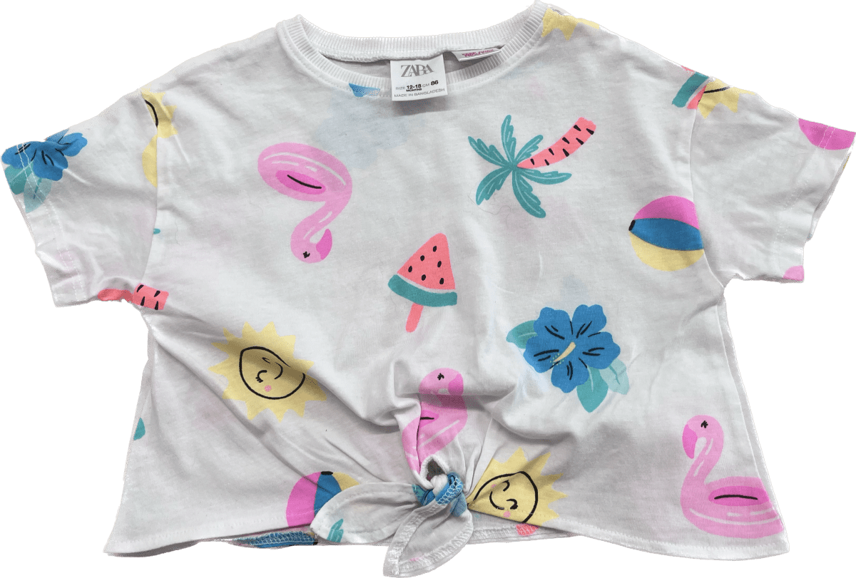 ZARA White Crop Top with Hawaiian Tropical Print – 12 - 18 M - Nest and Sprout - Consignment