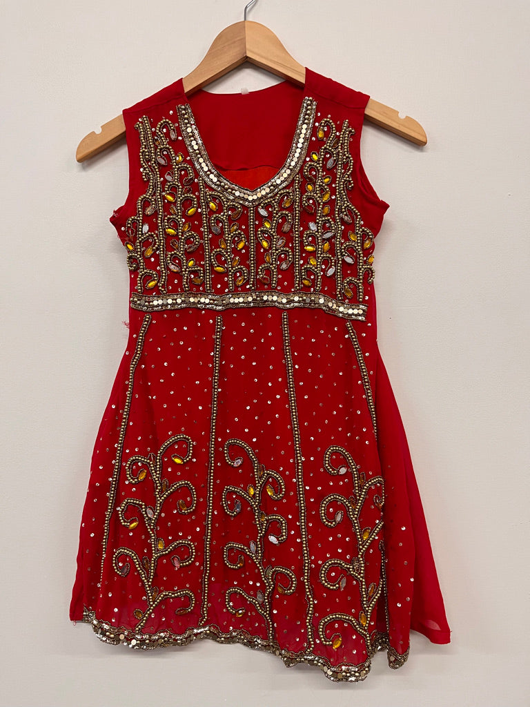 Unknown – Red Top with Gold Beading estimated size 8