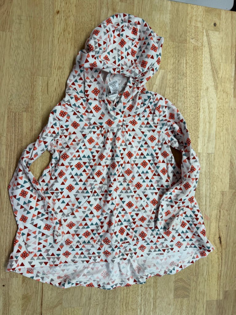 Tea Collection Geometric Hooded Tunic Dress – 2/3 | White Reddish Turquoise Print - Nest and Sprout-Consignment