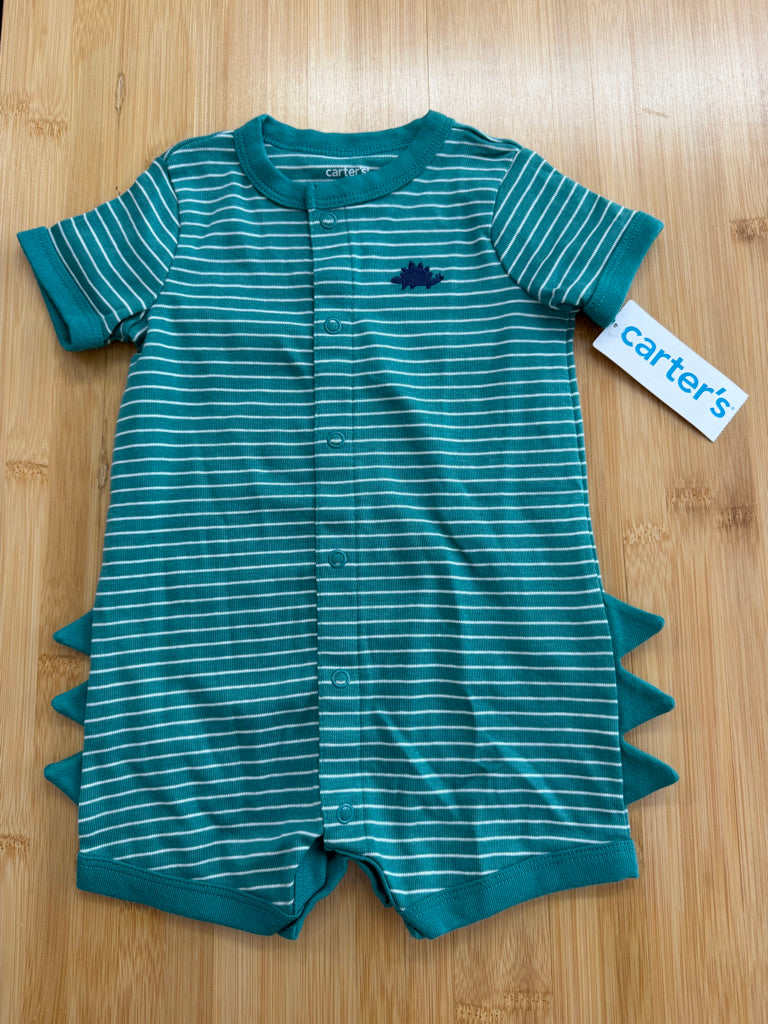 Carter's Snap-Up Romper – 6M | Green & White Stripe Dinosaur | NWT