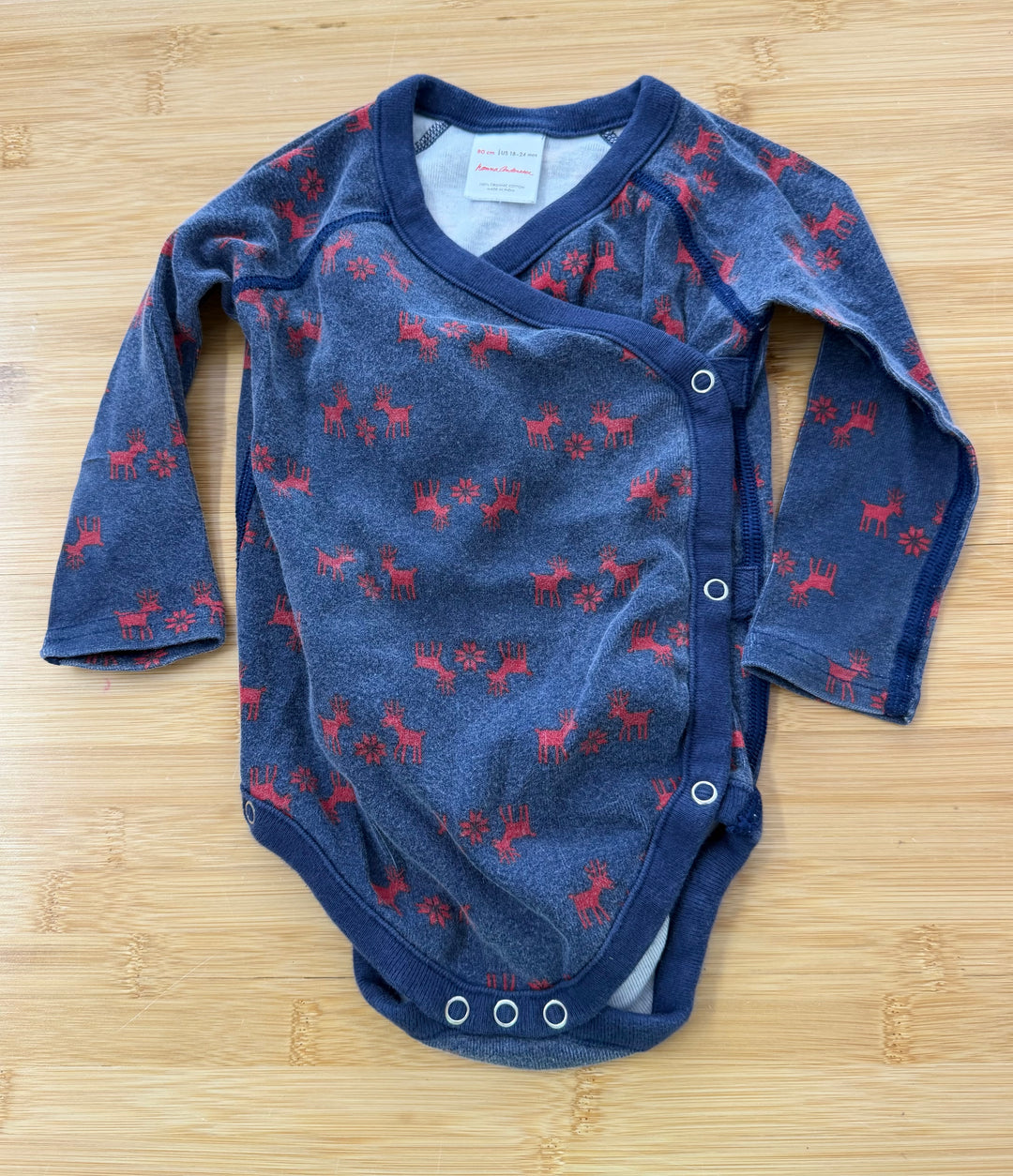 Hanna Andersson Moose Kimono Bodysuit – 18–24M | Navy & Red | Play
