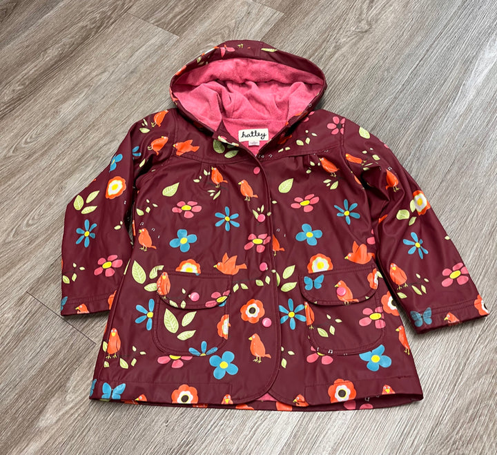 Hatley Rain Coat – Size 6 (Burgundy with Bird Print)