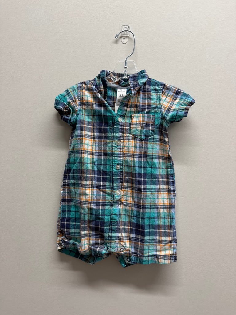 Carter's Plaid Polo Romper – 18M | Blue Turquoise & Orange Stripe Snap Crotch - Nest and Sprout-Consignment