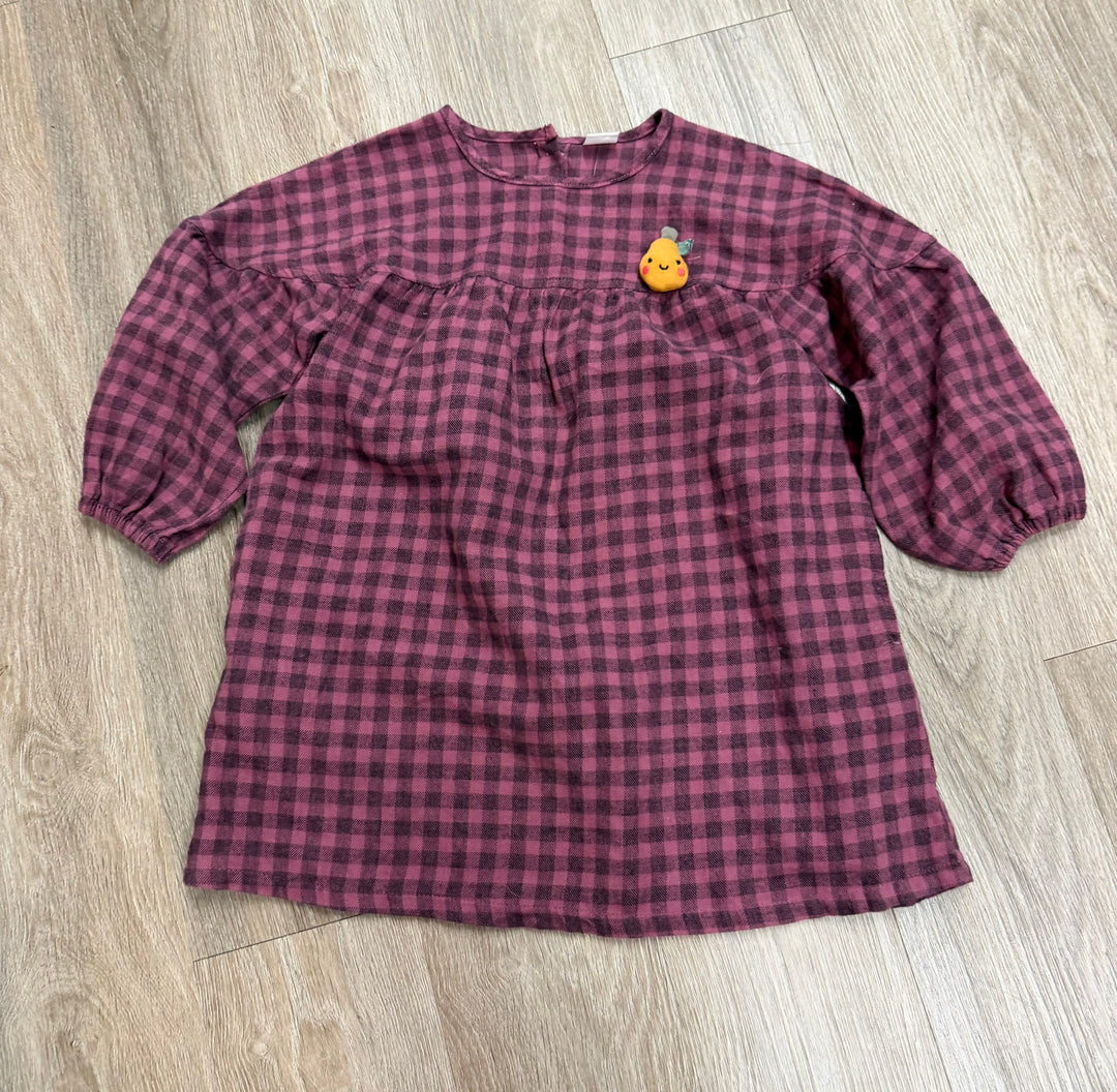 Next Maroon Plaid Pear Appliqué Dress – 5–6Y | Long Sleeve