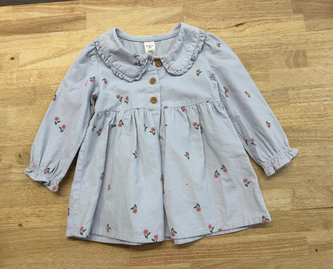OshKosh Dress – 24M | Light Blue Corduroy Floral Collar Long Sleeve